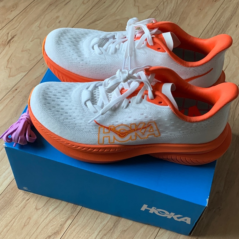 Hoka Mach 6 Vibrant White and Orange athletic shoes